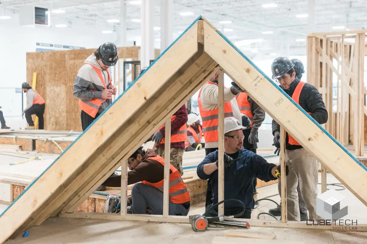 CUBE Tech trainees assembling a prefabricated timber roof frame together — Path 2 Purpose program imagery
